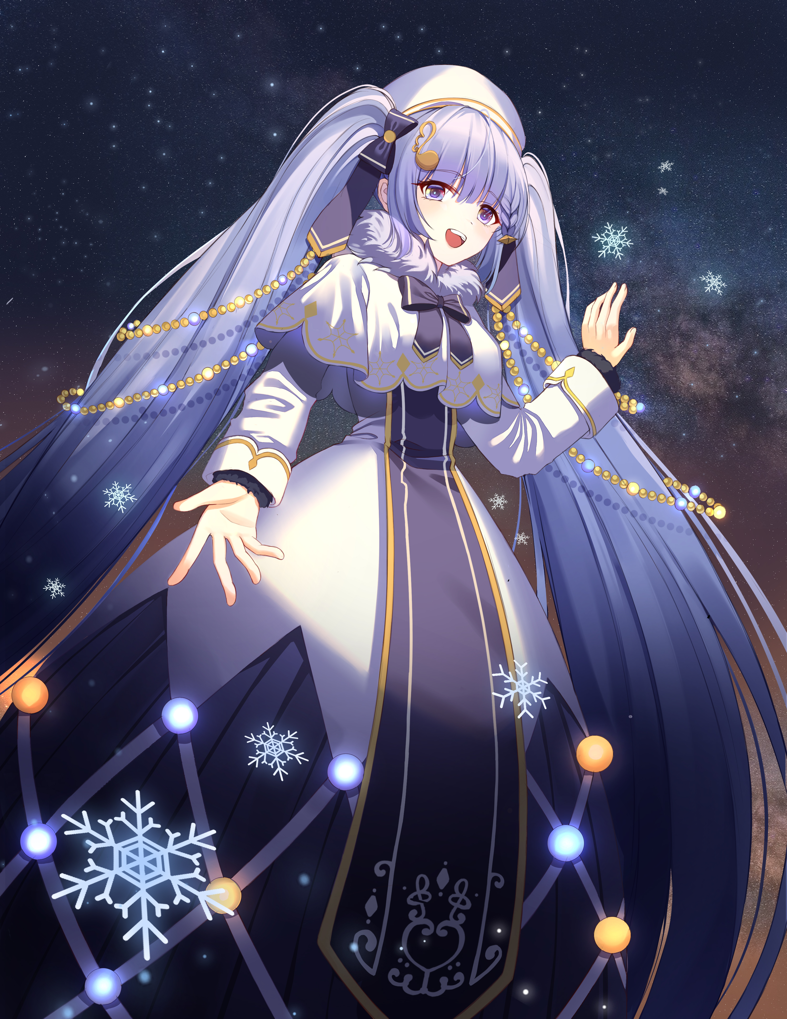 moko (jw7436), hatsune miku, yuki miku, yuki miku (2021), vocaloid, absurdres, commentary, highres, 1girl, aqua eyes, aqua hair, beret, blue bow, blue gloves, blue tabard, blush, bow, braid, capelet, dress, fortissimo, gloves, gold trim, hair between eyes, hair ornament, hand on own chest, hat, long hair, long sleeves, looking at viewer, musical note, musical note hair ornament, official alternate costume, official alternate hairstyle, open mouth, outdoors, own hands together, skirt hold, smile, snowflake print, snowing, solo, tabard, twintails, very long hair, white capelet, white hat