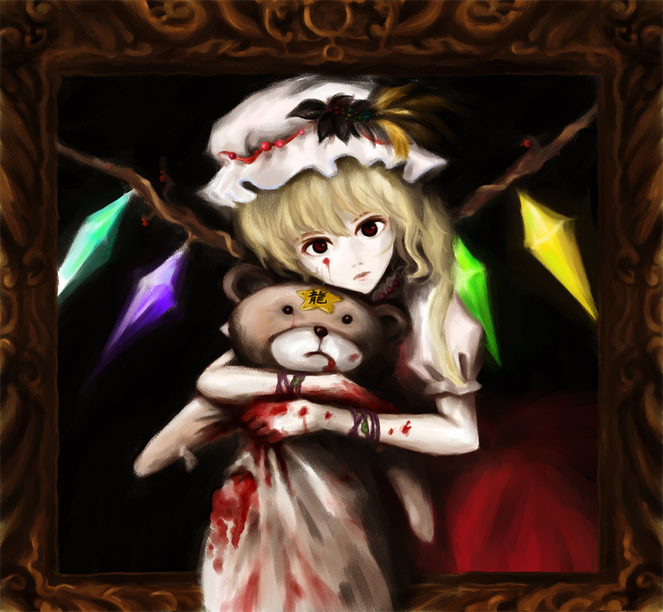 neko banban, flandre scarlet, touhou, bad id, bad pixiv id, 1girl, black background, blonde hair, blood, blood on arm, blouse, female focus, hat, head tilt, mob cap, shirt, solo, stuffed animal, stuffed toy, teddy bear, white hat, white shirt