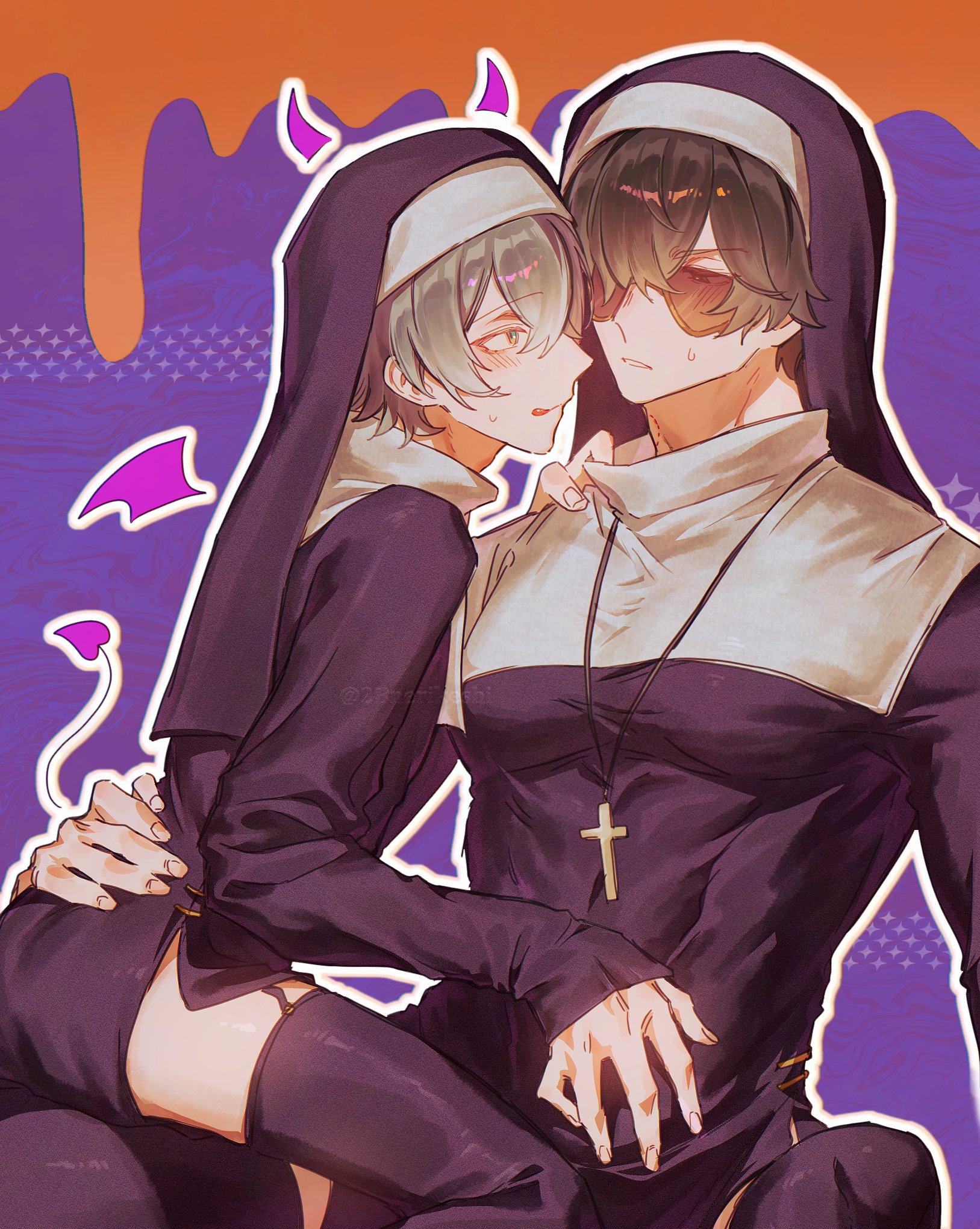 2bnerikeshi, lighter (zenless zone zero), wise (zenless zone zero), zenless zone zero, commentary request, highres, 2boys, alternate costume, bite mark, black dress, black thighhighs, blush, cross, cross necklace, crossdressing, crossdressing (mtf), demon horns, demon tail, demon wings, detached horns, dress, eye contact, from side, garter straps, green hair, grey hair, guimpe, hair between eyes, hair over one eye, hand on another's back, hand on another's stomach, horns, jewelry, latin cross, long dress, looking at another, male focus, multiple boys, necklace, nun, orange background, parted lips, purple background, purple horns, purple tail, purple wings, short hair, sitting, sitting on lap, sitting on person, sparkle, sunglasses, sweat, tail, thighhighs, tongue, tongue out, two-tone background, veil, wimple, wings, yaoi