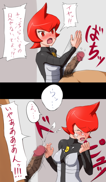 mars (pokemon), nintendo, pokemon, translation request, 1boy, 1girl, censored, clothed male nude male, cum, cum in mouth, cum on body, cum on tongue, erection, facial, japanese text, nude, penis, red eyes, red hair, team galactic