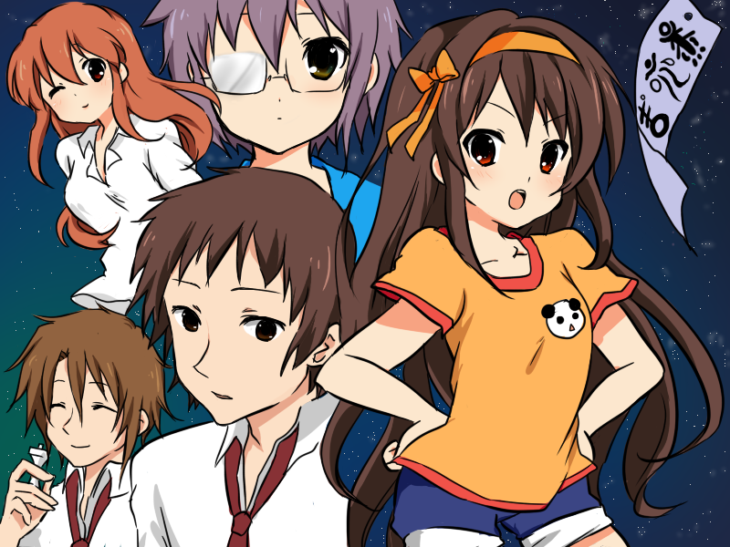 komadori, asahina mikuru, asahina mikuru (adult), koizumi itsuki, kyon, nagato yuki, suzumiya haruhi, suzumiya haruhi (young), suzumiya haruhi no yuuutsu, bad id, bad pixiv id, 00s, 2boys, 3girls, aged down, aged up, bamboo, board game, brown hair, chess, glasses, hairband, long hair, multiple boys, multiple girls, night, one eye closed, orange shirt, purple hair, school uniform, serafuku, shirt, short hair, tanabata, tanzaku, wink