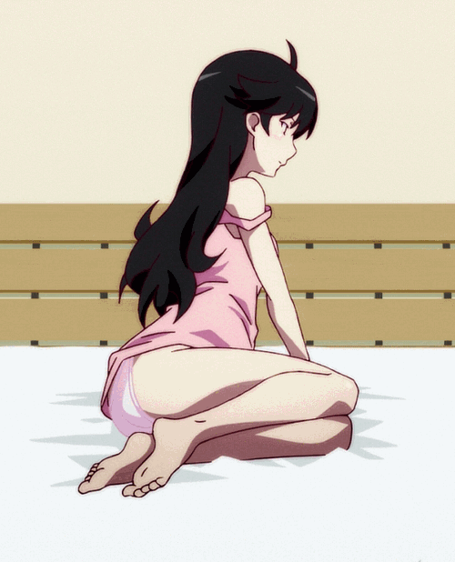 araragi karen, monogatari (series), animated, animated gif, cropped, 1girl, ahoge, bare legs, bare shoulders, barefoot, bed, bed sheet, black eyes, black hair, blush, breasts, camisole, dot nose, feet, female focus, from side, indoors, legs, long hair, looking at viewer, looking back, no bra, open mouth, panties, pink camisole, sexually suggestive, sitting, sleeveless, small breasts, solo, solo focus, strap slip, thighs, toes, underwear, white panties