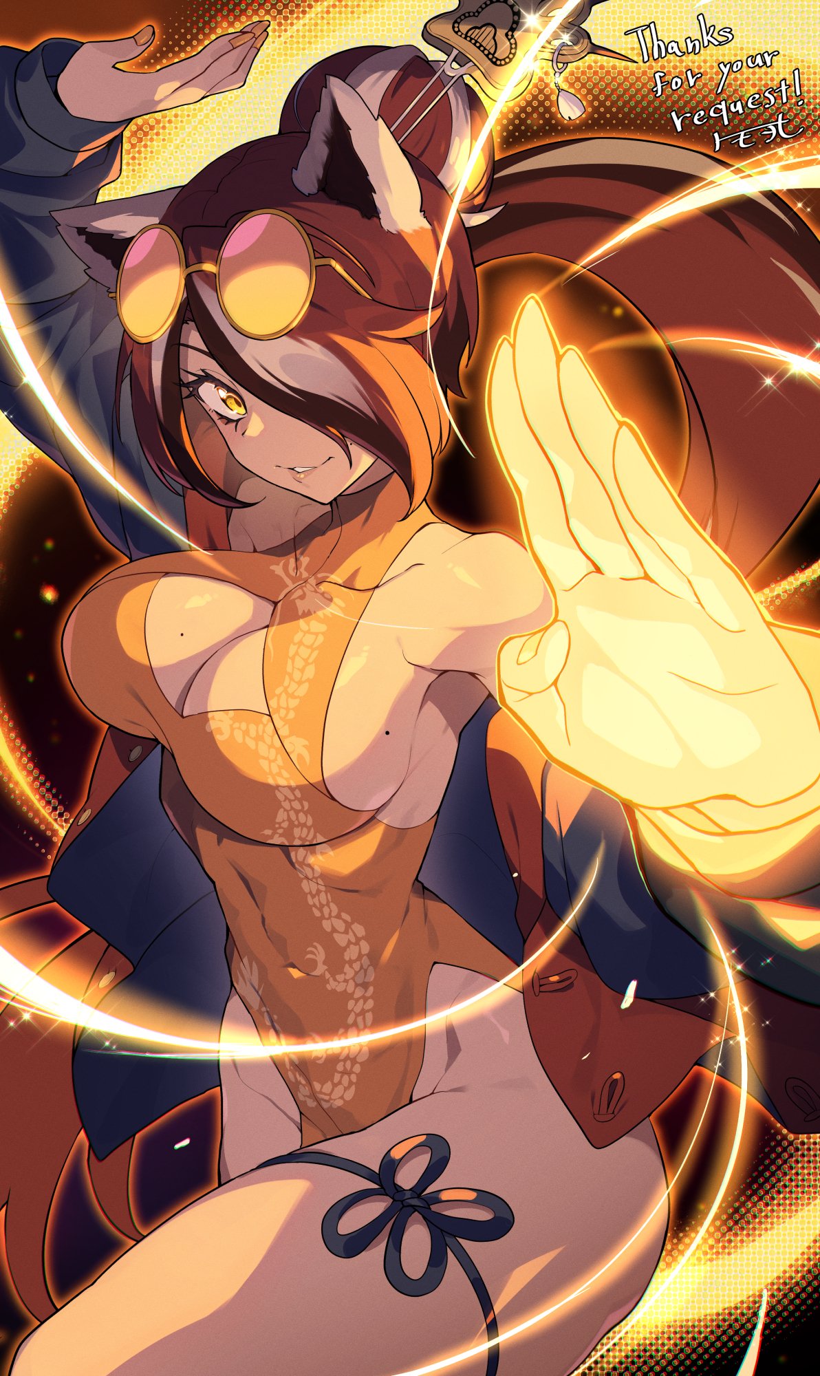 matsumoto tomoyohi, original, commentary request, commission, highres, skeb commission, 1girl, animal ears, black ribbon, breasts, brown hair, china dress, chinese clothes, cleavage, cleavage cutout, clothing cutout, cowboy shot, dress, energy, eyewear on head, fingernails, glowing, glowing hand, hair over one eye, large breasts, leg ribbon, long hair, looking at viewer, mole, mole on breast, multicolored hair, multiple moles, nail polish, one eye covered, orange dress, orange nails, parted bangs, parted lips, ribbon, smile, solo, streaked hair, sunglasses, thigh ribbon, yellow eyes