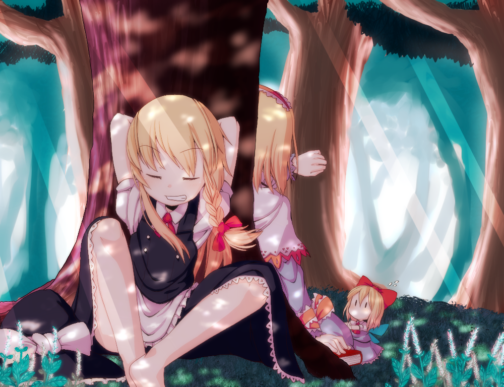 muku (muku-coffee), alice margatroid, kirisame marisa, shanghai doll, touhou, 2girls, against tree, arms behind head, back-to-back, barefoot, blonde hair, braid, closed eyes, dappled sunlight, female focus, forest, grin, hat, light rays, multiple girls, nature, shade, side braid, smile, sunbeam, sunlight, sweatdrop, tears, tree, unworn hat, unworn headwear, wiping tears, witch, witch hat, | |