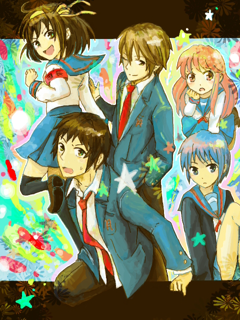 satsuki (zen05), asahina mikuru, koizumi itsuki, kyon, nagato yuki, suzumiya haruhi, suzumiya haruhi no yuuutsu, bad id, bad pixiv id, 00s, 2boys, 3girls, armband, hairband, long hair, multiple boys, multiple girls, orange hair, purple hair, school uniform, serafuku, short hair, star (symbol)