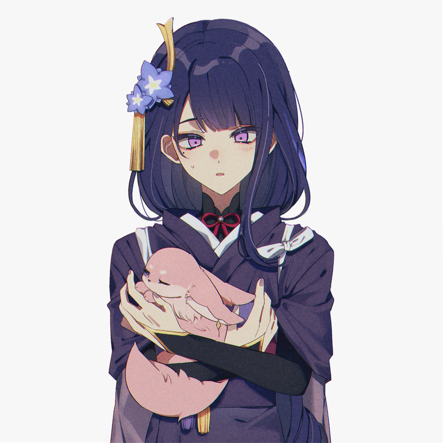 nekoshin kagari, raiden shogun, yae miko, yae miko (fox), genshin impact, commentary request, 2girls, alternate costume, animal, animal ears, blush, bridal gauntlets, flower, fox ears, fox tail, hair flower, hair ornament, holding, holding animal, mole, mole under eye, multiple girls, one eye closed, pink fur, purple eyes, purple hair, simple background, standing, tail