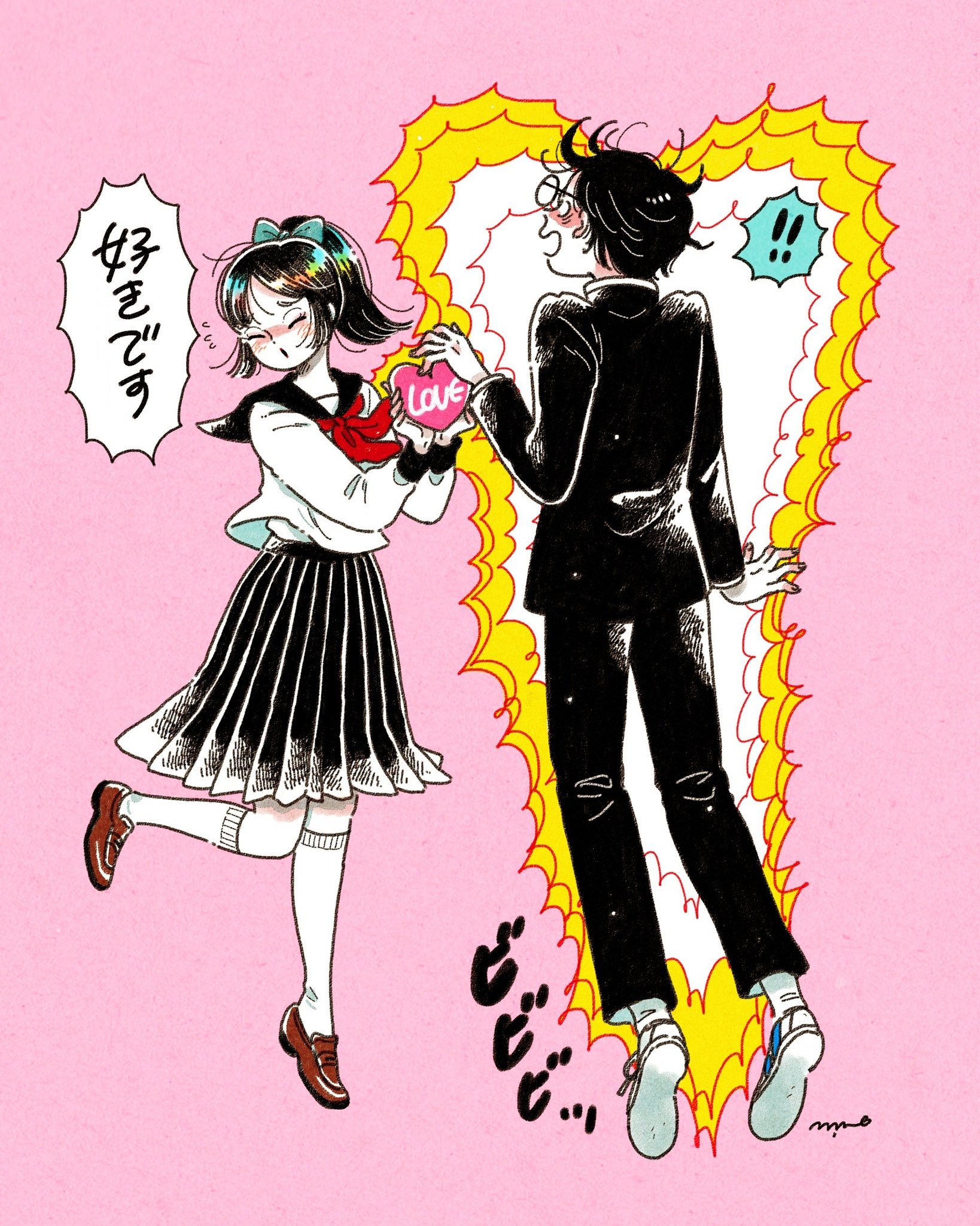 emamemamo33, original, commentary, highres, translated, !, !!, 1boy, 1girl, black hair, black jacket, black sailor collar, black skirt, blush, bow, colored skin, english text, facing another, fingernails, floating, full body, gakuran, hair bow, heart, holding, iridescent hair, jacket, kneehighs, loafers, long sleeves, neckerchief, open mouth, pants, pink background, pleated skirt, red neckerchief, sailor collar, school uniform, serafuku, shoes, short hair, signature, simple background, skirt, sneakers, socks, sound effects, speech bubble, spoken exclamation mark, standing, standing on one leg, valentine, white skin, white socks