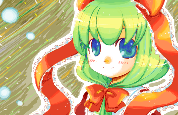mimomi, kagiyama hina, touhou, bad id, bad pixiv id, 1girl, blue eyes, female focus, front ponytail, green hair, hair ribbon, ribbon, short hair, solo