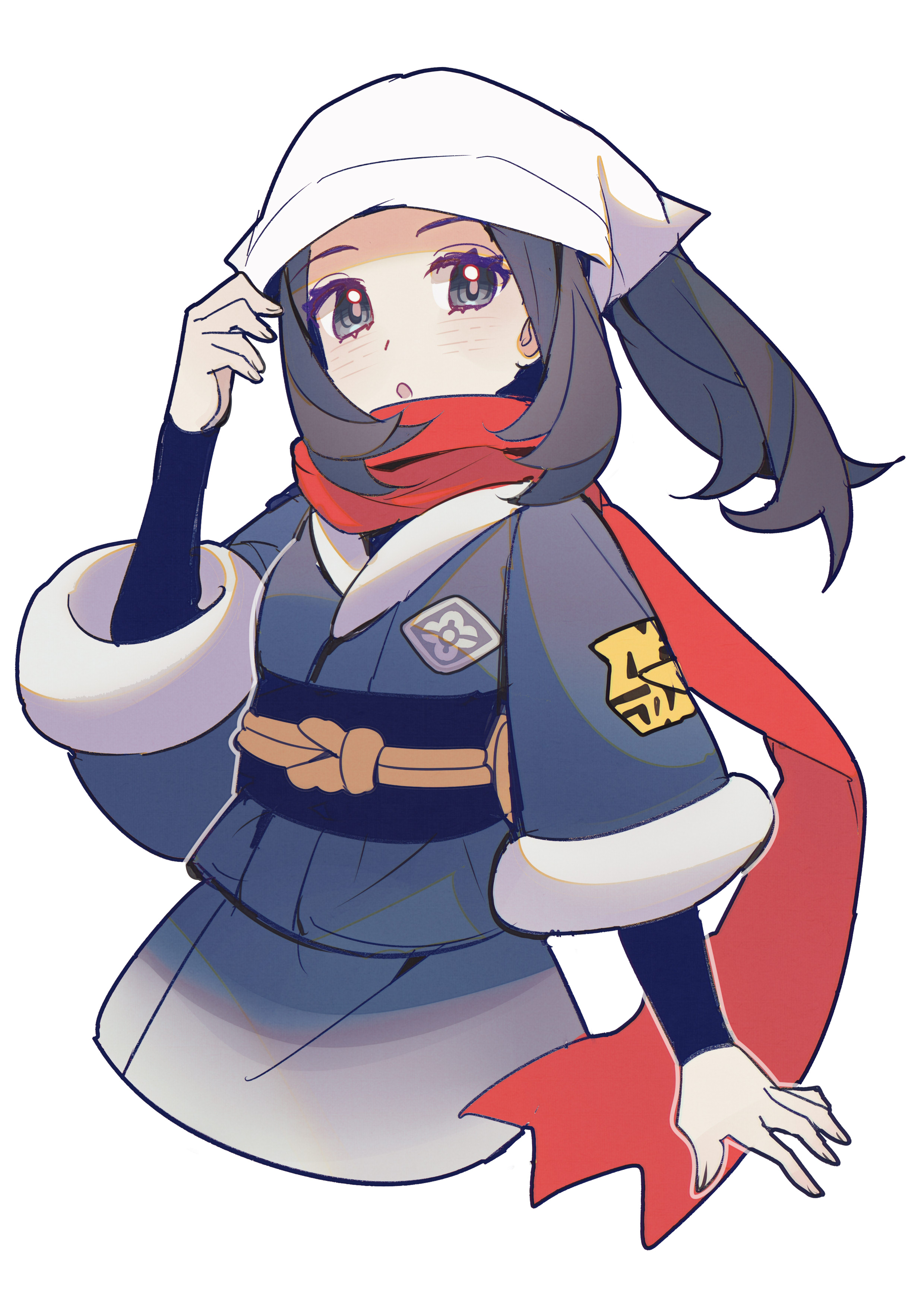 shocho (shaojiujiu), akari (pokemon), nintendo, pokemon, pokemon legends: arceus, absurdres, highres, 1girl, black hair, black sash, cropped torso, galaxy expedition team survey corps uniform, grey eyes, headscarf, jacket, long hair, long sleeves, open mouth, parted lips, ponytail, red scarf, sash, scarf, shirt, sidelocks, simple background, undershirt, white background, white headscarf