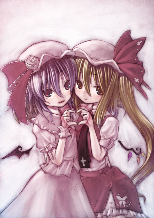 kuroya kei, kuroyakei, flandre scarlet, remilia scarlet, touhou, light purple hair, 2girls, :>, alternate wings, arm around waist, blonde hair, blue hair, female focus, four-finger heart hands, hat, heart, heart hands, heart hands duo, mini wings, multiple girls, red eyes, siblings, sisters, smile, wings, wrist cuffs