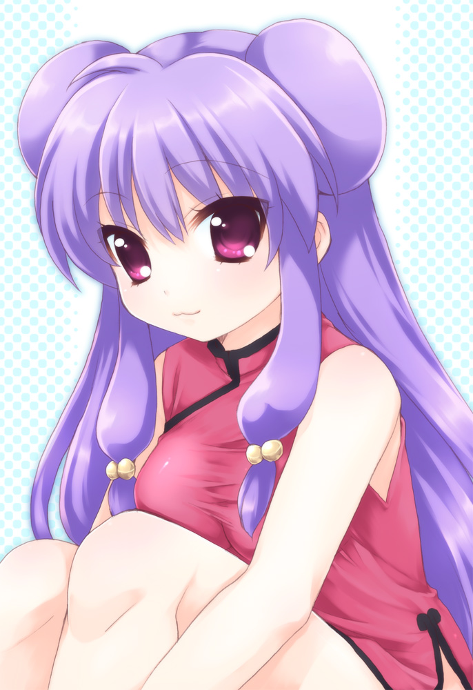 usashiro mani, shampoo (ranma 1/2), ranma 1/2, bad id, bad pixiv id, :3, bare shoulders, china dress, chinese clothes, double bun, dress, hair bobbles, hair ornament, hugging own legs, long hair, pink eyes, purple hair, solo