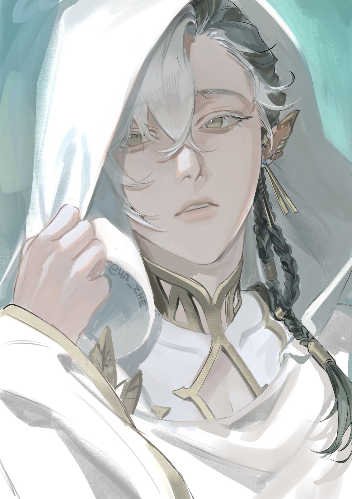 first stage production, highres, 1boy, aqua background, braid, cassian floros, colored eyelashes, earrings, hand up, hazhe, hood, hood up, jewelry, multicolored hair, open mouth, pointy ears, solo focus, virtual youtuber, white eyelashes, yellow eyes