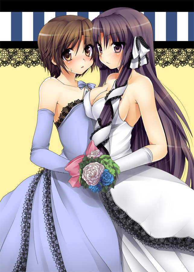 masayu, kurugaya yuiko, naoe riki, little busters!, 1boy, 1girl, bare shoulders, bell line gown, blue flower, blue rose, bob cut, bouquet, breasts, bride, cleavage, crossdressing, dress, elbow gloves, flower, gloves, hair ribbon, large breasts, male bride, ribbon, rose, strapless, strapless dress, trap, wedding dress