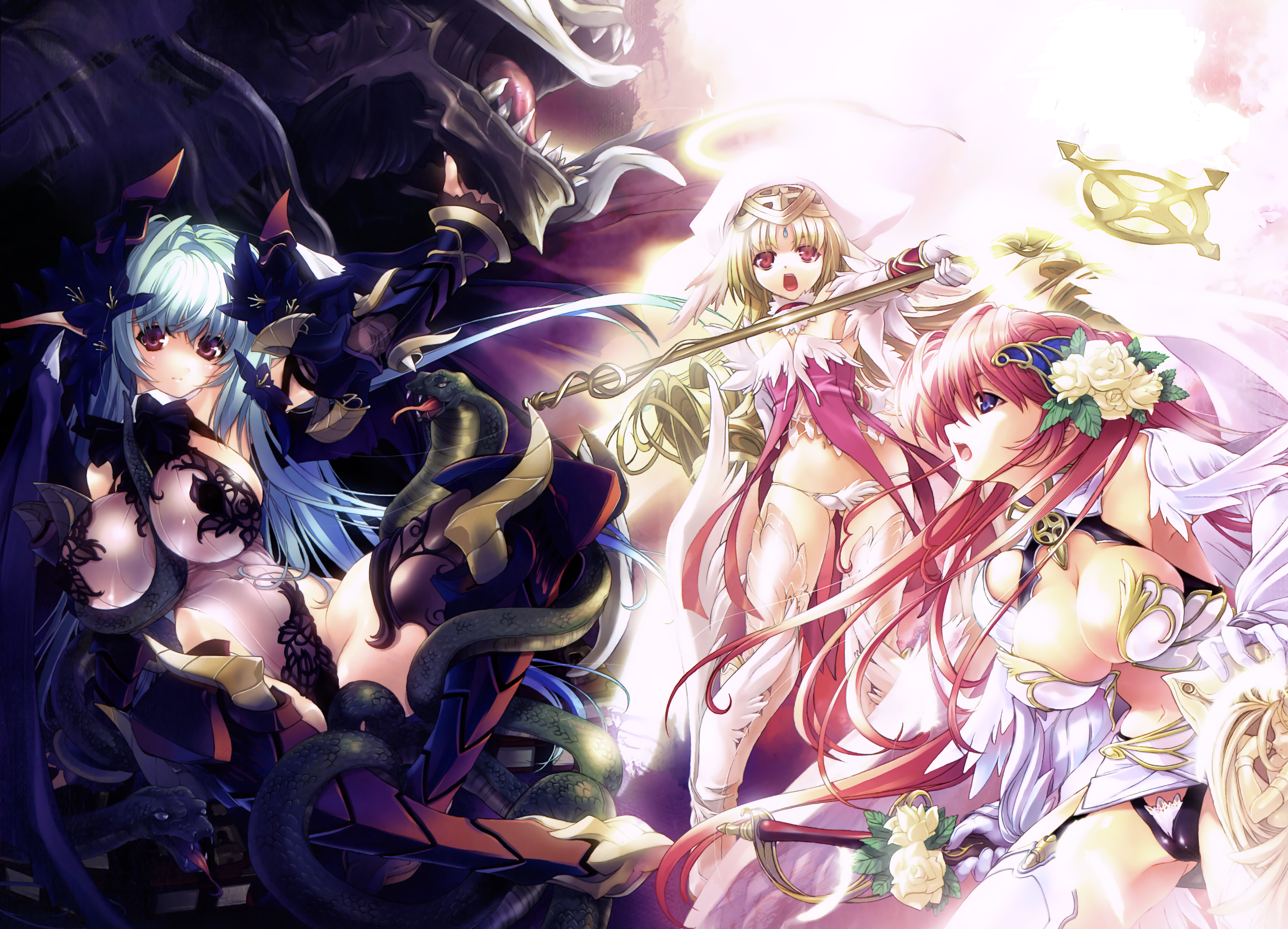 miwa yoshikazu, white legwear, absurdres, highres, huge filesize, 3girls, angel, angel wings, blonde hair, blue eyes, breasts, cameltoe, demon, demon girl, flower, green hair, hair flower, hair ornament, large breasts, long hair, multiple girls, pointy ears, red eyes, snake, thighhighs, wings