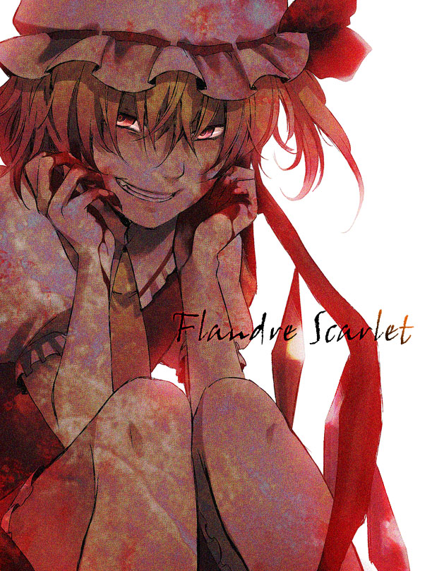 490 (spinoza490), flandre scarlet, touhou, 1girl, blonde hair, blood, character name, female focus, grin, hat, red eyes, short hair, sitting, smile, solo, white background, wings