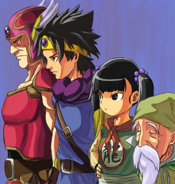 toraneko, mage (dq3), martial artist (dq3), roto (dq3), warrior (dq3), chunsoft, dragon quest, dragon quest iii, enix, square enix, 1girl, 3boys, black eyes, black hair, male focus, manly, multiple boys, twintails