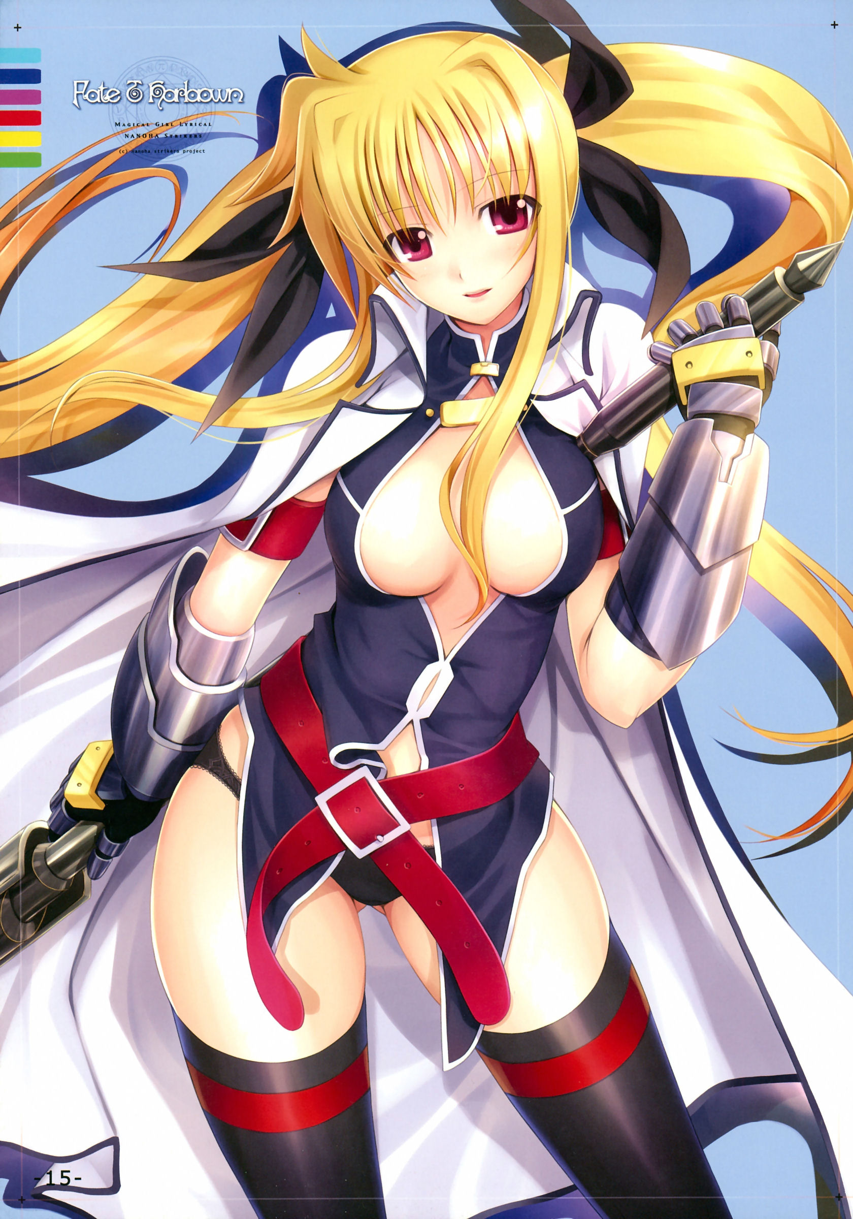 mikazuki akira!, bardiche (nanoha), fate testarossa, fate testarossa (impulse form), fate testarossa (true sonic form), lyrical nanoha, mahou shoujo lyrical nanoha, mahou shoujo lyrical nanoha strikers, absurdres, highres, scan, 00s, 1girl, adapted costume, belt, black panties, blonde hair, blush, breasts, cape, cleavage, cleavage cutout, clothing cutout, female focus, gauntlets, large breasts, long hair, nipple slip, nipples, panties, red eyes, solo, staff, thighhighs, twintails, underwear, very long hair