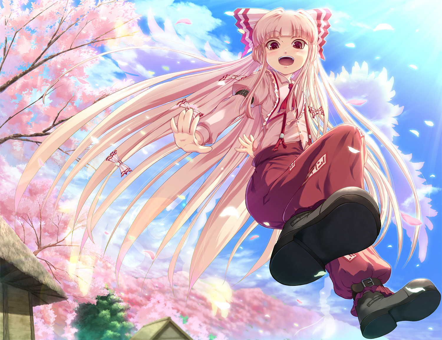 mafu, fujiwara no mokou, touhou, silver hair, 1girl, bow, cherry blossoms, cloud, female focus, flower, full body, hair bow, hair ribbon, long hair, outdoors, petals, plant, red eyes, ribbon, sky, solo, tree