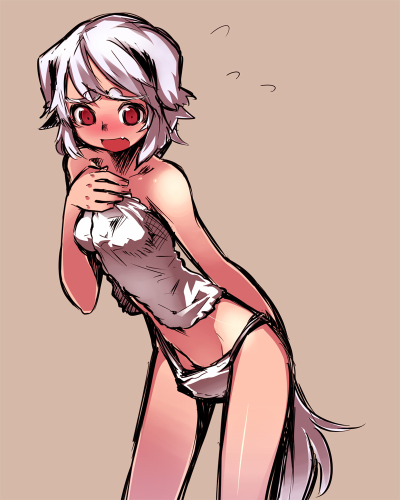 tsuru (artist), tsuru (clainman), inubashiri momiji, touhou, eyebrows, bad id, bad pixiv id, 1girl, blush, confused, female focus, mask, mouth mask, panties, sketch, solo, surgical mask, tail, towel, underwear, white hair