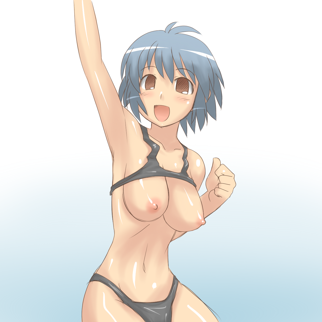 aaaa (quad-a), original, bad id, bad pixiv id, highres, 1girl, :d, arm up, armpits, bare shoulders, blue hair, blush, breasts, brown eyes, clothes lift, collarbone, female focus, gradient background, grey hair, large breasts, looking at viewer, navel, nipples, open mouth, shiny skin, shirt lift, short hair, simple background, sketch, smile, solo, tank top, thong, underwear, wardrobe malfunction