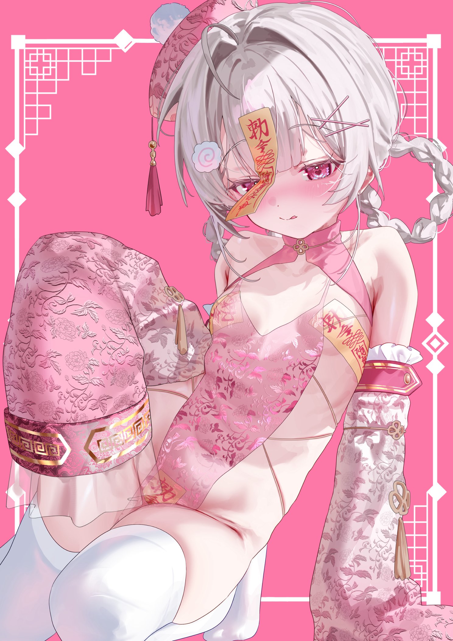 kakuma aru, original, commentary, highres, 1girl, :q, arm support, bare shoulders, blush, braid, braided hair rings, breasts, china dress, chinese clothes, cleavage cutout, clothing cutout, cross-laced clothes, cross-laced dress, detached sleeves, dress, food, hair rings, halloween, hat, jiangshi costume, kamaboko, looking at viewer, maebari, narutomaki, ofuda, ofuda on head, ofuda on nipples, ofuda on pussy, pasties, pelvic curtain, pink dress, pink eyes, qingdai guanmao, sideless dress, sleeves past fingers, sleeves past wrists, small breasts, solo, thighhighs, thighs, tongue, tongue out, white hair, white thighhighs, wide sleeves