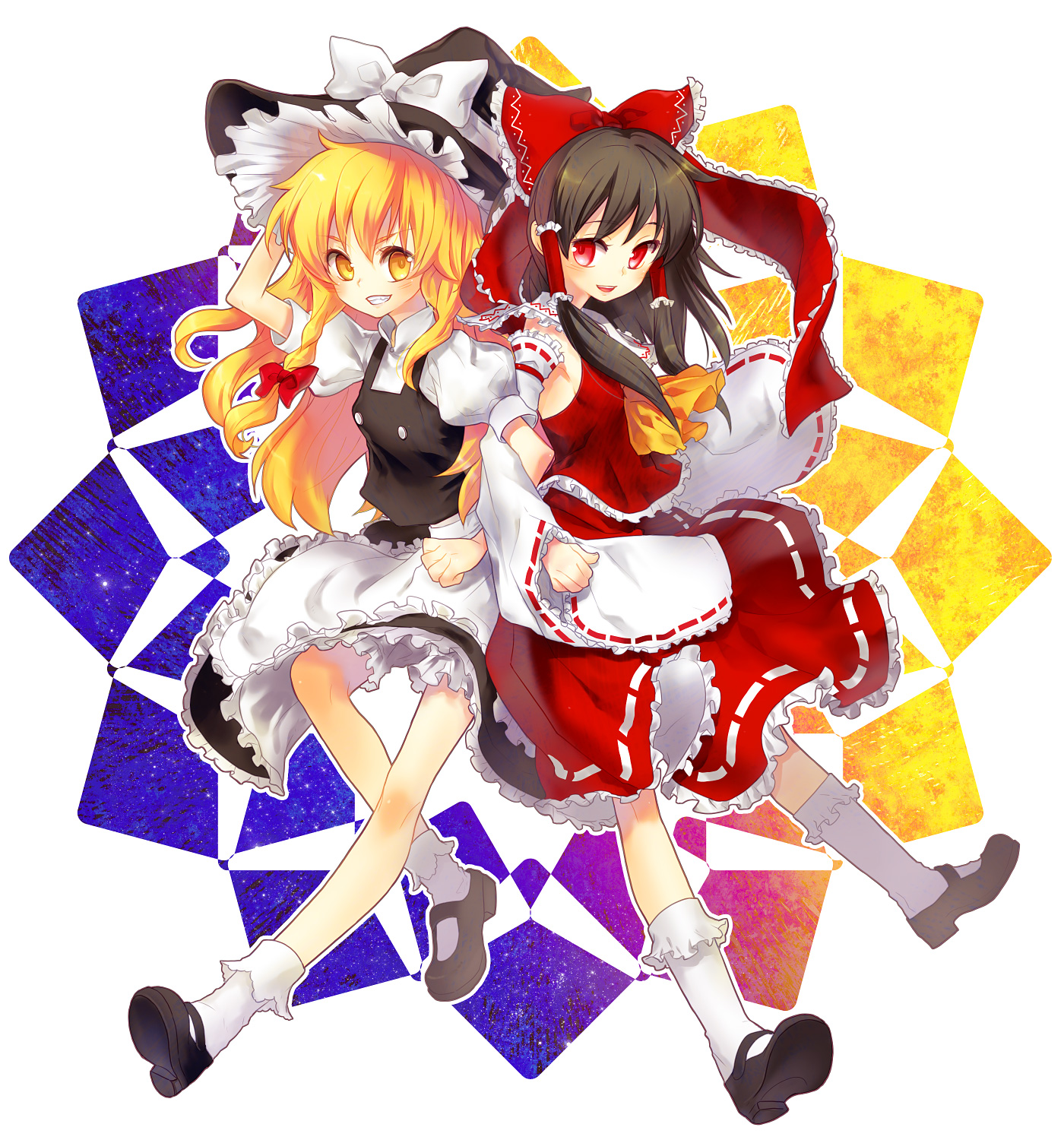 renta, renta (deja-vu), hakurei reimu, kirisame marisa, touhou, bad id, bad pixiv id, highres, 2girls, blonde hair, bow, braid, brown hair, detached sleeves, female focus, hair bow, hat, japanese clothes, long hair, mary janes, miko, multiple girls, red eyes, shoes, short hair, witch, witch hat, yellow eyes