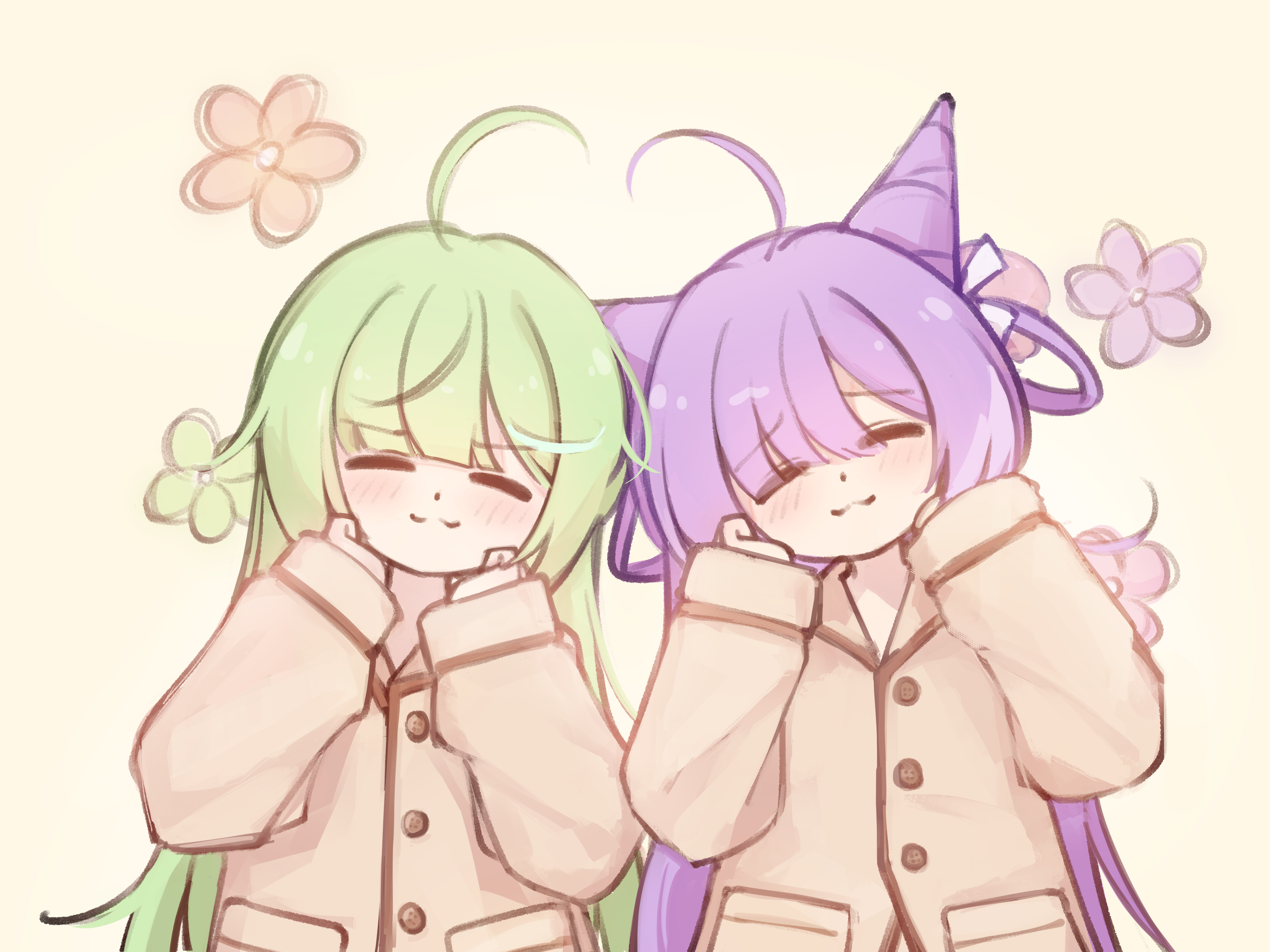 electromocha, tenko shibuki, yuzuha riko, stellive, absurdres, commentary request, highres, korean commentary, 2girls, :3, ahoge, brown pajamas, brown shirt, closed eyes, closed mouth, cone hair bun, dot nose, double bun, floral background, green hair, hair bun, hands up, long hair, long sleeves, multiple girls, pajamas, purple hair, shirt, simple background, split mouth, straight hair, swept bangs, upper body, virtual youtuber, white background