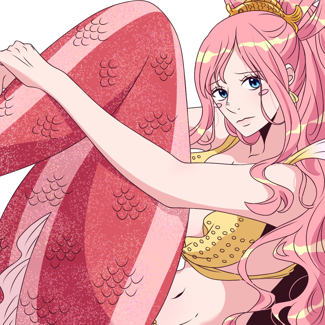 portgaspade, shirahoshi, one piece, commentary, highres, 1girl, bikini, blue eyes, blush stickers, closed mouth, curled up, earrings, eyelashes, fish hair ornament, hagoromo, hair ornament, jewelry, looking at viewer, mermaid, monster girl, pink hair, shawl, shell, shell earrings, simple background, solo, swept bangs, swimsuit, white background, yellow bikini