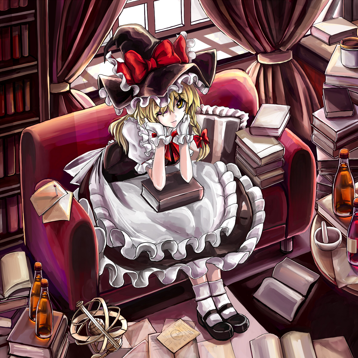 fullerene, fullerene (pixiv), kirisame marisa, touhou, eyebrows, highres, 1girl, apron, black dress, black shoes, blonde hair, book, bottle, braid, closed mouth, couch, dress, female focus, frilled dress, frilled gloves, frills, full body, gloves, hair ornament, hair ribbon, hat, indoors, legs together, looking at viewer, mary janes, on couch, one eye closed, ribbon, shoes, short hair, side braid, sitting, socks, solo, white gloves, white socks, window, wink, witch, witch hat, yellow eyes