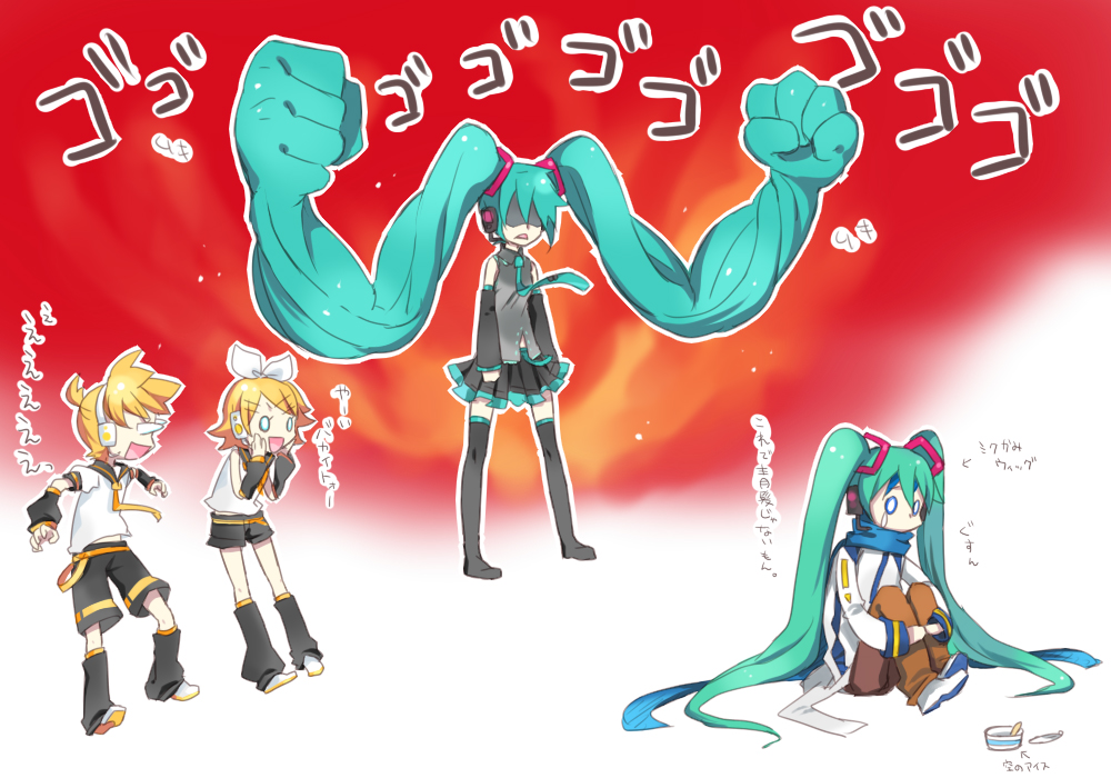 renta, renta (deja-vu), hatsune miku, kagamine len, kagamine rin, kaito (vocaloid), vocaloid, bad id, bad pixiv id, translation request, 2boys, 2girls, aqua hair, blonde hair, blue scarf, clenched hand, clenched hands, detached sleeves, headphones, long hair, multiple boys, multiple girls, necktie, pleated skirt, prehensile hair, scarf, short hair, shorts, siblings, skirt, thighhighs, twintails, very long hair, wig