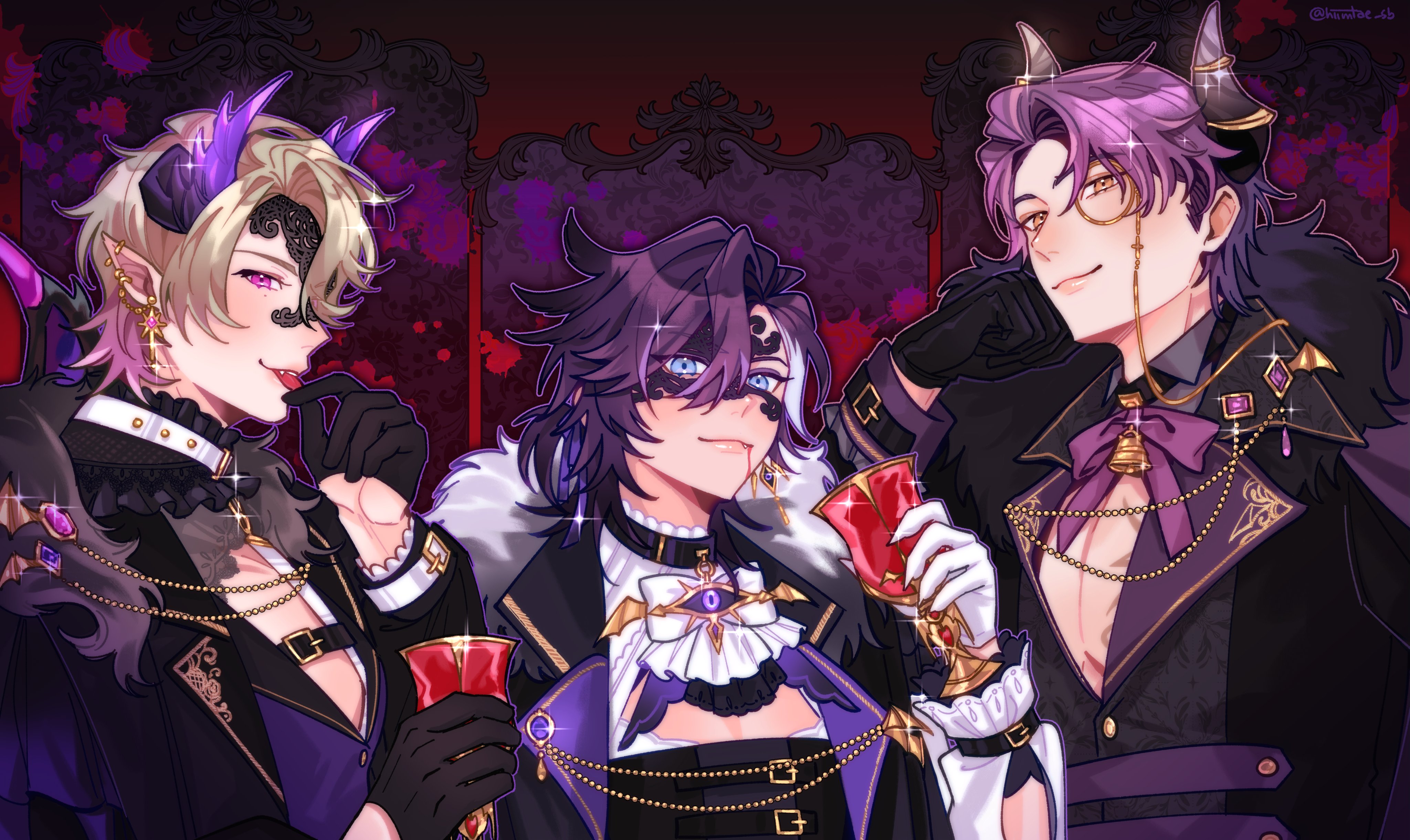 hiimtae sb, banzoin hakka, first stage production, holostars, holostars english, indie virtual youtuber, absurdres, highres, bell, black gloves, blood, blood from mouth, blue eyes, chain, collar, cup, demon boy, earrings, eye mask, gloves, holding, holding cup, horns, invain (vtuber), jewelry, light smile, long sleeves, mask, monocle, multicolored hair, pink eyes, pointy ears, sparkle, tongue, tongue out, virtual youtuber, white gloves, yellow eyes, zander netherbrand