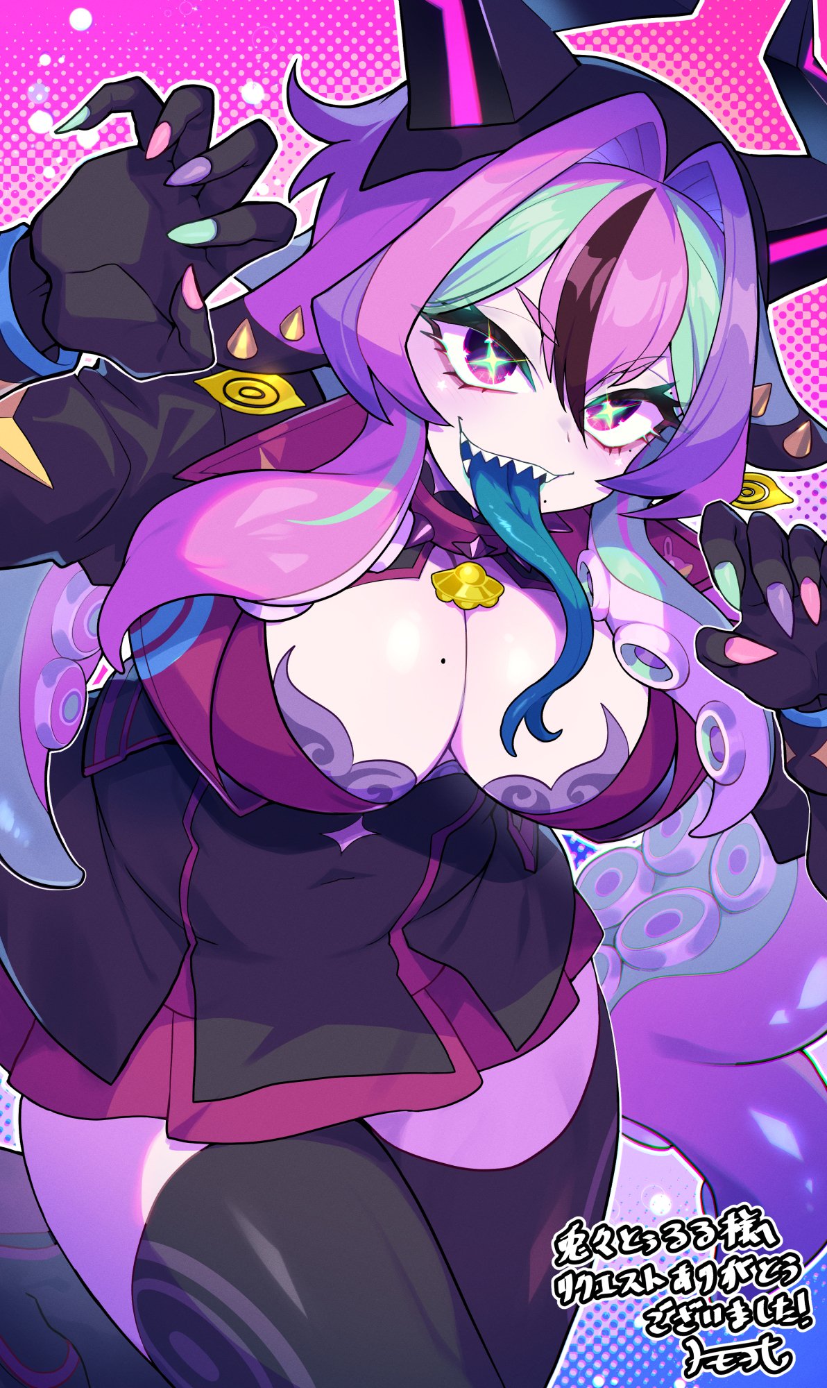 matsumoto tomoyohi, character request, commentary request, commission, copyright request, highres, skeb commission, 1girl, aqua streaks, black thighhighs, breasts, bright pupils, cleavage, cowboy shot, double-parted bangs, dress, fingernails, hair between eyes, hair intakes, hands up, large breasts, long hair, long tongue, looking at viewer, mole, mole on breast, multicolored hair, multicolored nails, open mouth, purple background, purple dress, purple eyes, purple hair, sharp teeth, smile, solo, streaked hair, symbol-shaped pupils, teeth, tentacle hair, thighhighs, tongue, tongue out, x-shaped pupils