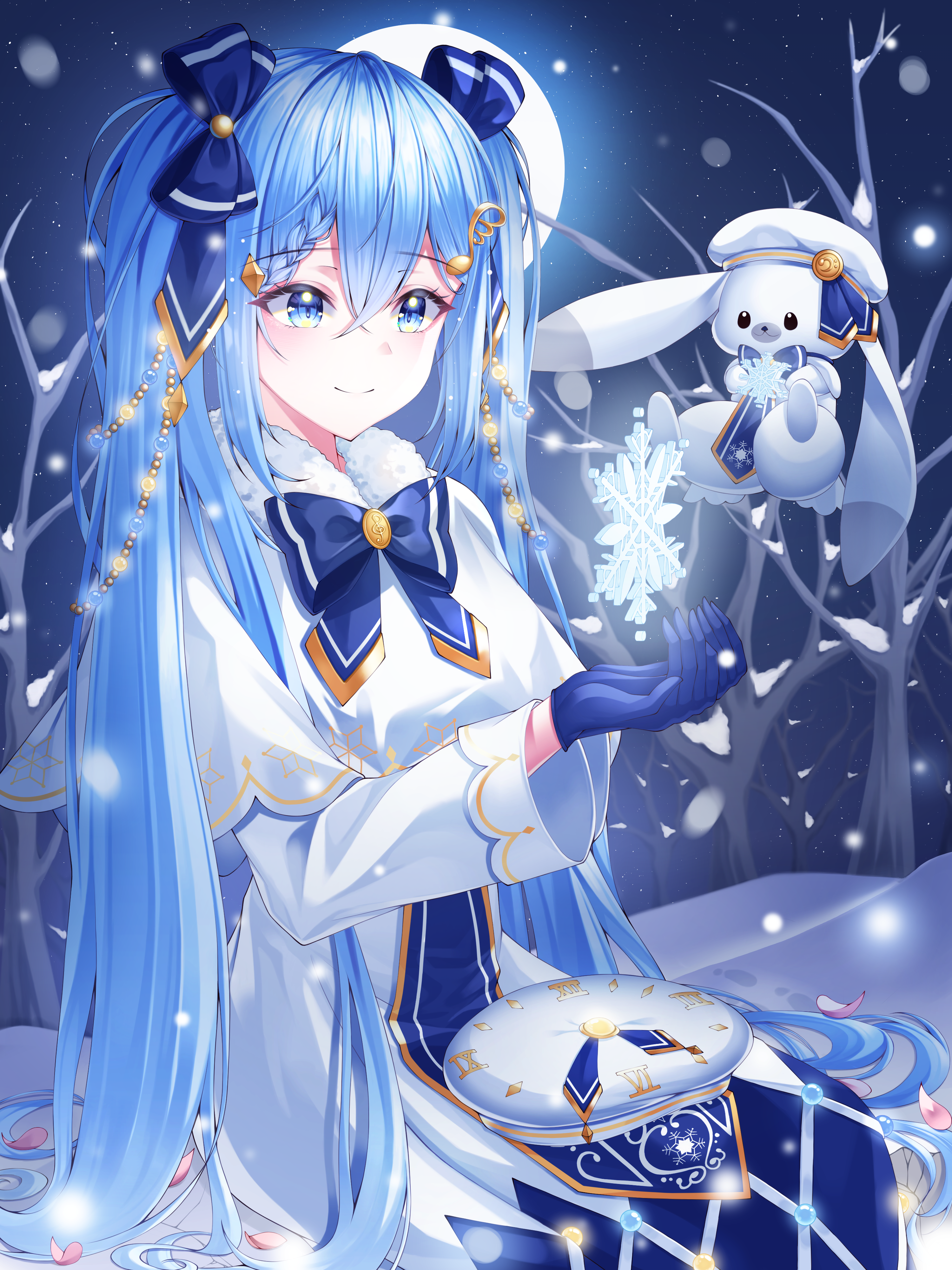 luna bloom, hatsune miku, rabbit yukine, yuki miku, yuki miku (2021), vocaloid, absurdres, highres, 1girl, 1other, beret, blue bow, blue gloves, blue tabard, blush, bow, braid, capelet, clock print, dress, fang, fortissimo, gloves, glowing snowflake, gold trim, hair between eyes, hair ornament, hand on own chest, hat, long hair, long sleeves, miku day, musical note, musical note hair ornament, official alternate costume, official alternate hairstyle, open mouth, outdoors, rabbit, roman numeral, smile, snow, snowflake print, snowflakes, snowing, tabard, twintails, unworn hat, unworn headwear, very long hair, white capelet, white hat