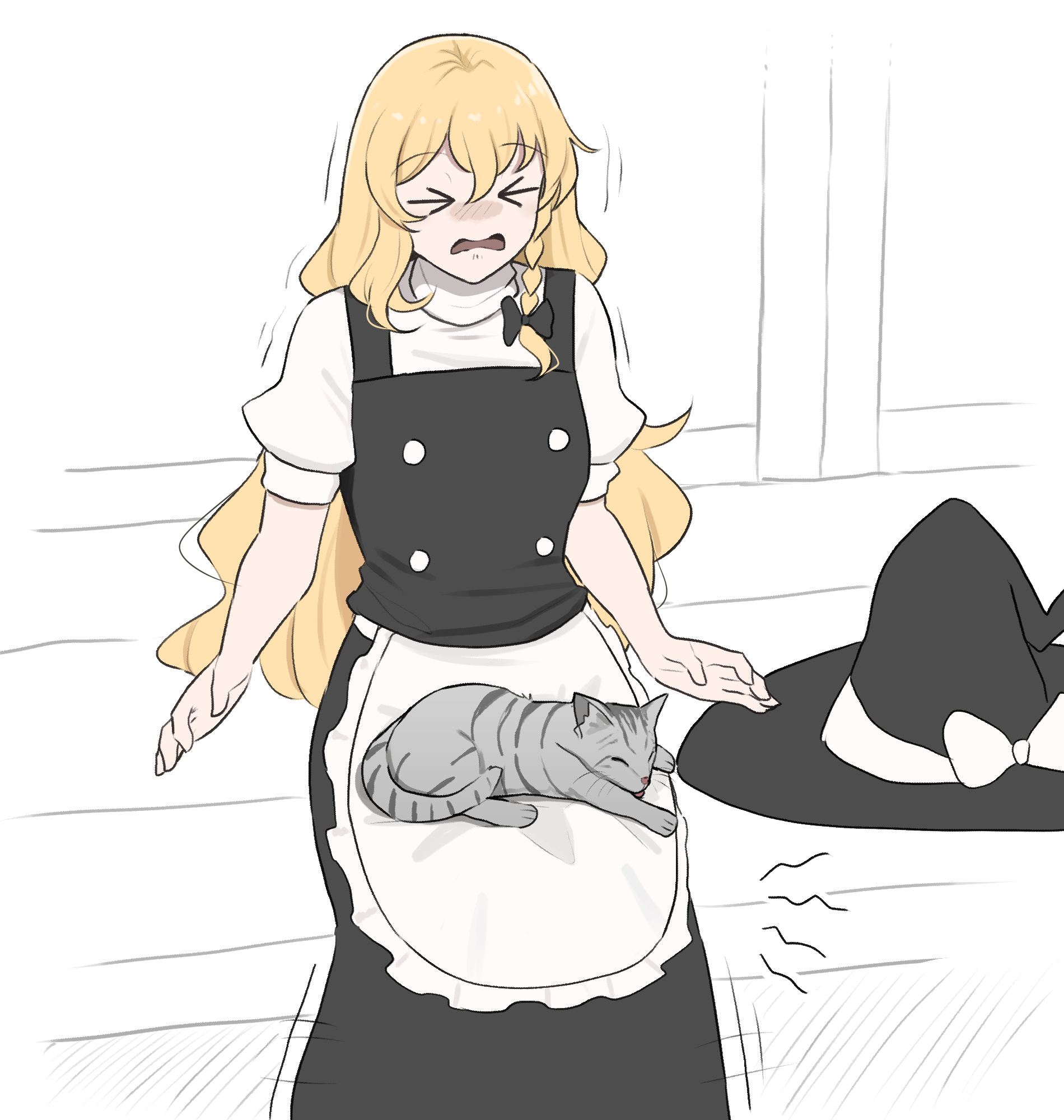 mata (matasoup), kirisame marisa, touhou, commentary, highres, > <, 1girl, animal, animal on lap, apron, black skirt, black vest, blonde hair, braid, cat, cat on lap, hair ribbon, hat, long hair, on lap, parted lips, ribbon, shirt, short sleeves, sitting, skirt, trembling, unworn headwear, vest, white shirt, witch hat