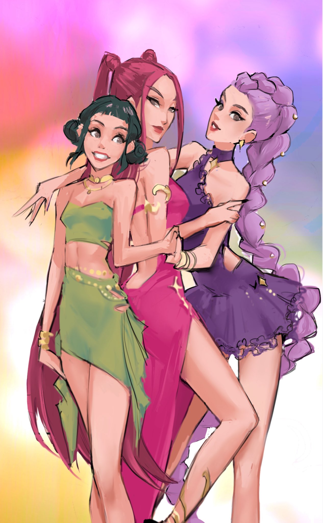 tanya lehoux, mira (kpop demon hunters), rumi (kpop demon hunters), zoey (kpop demon hunters), kpop demon hunters, commentary, english commentary, highres, 3girls, backless dress, backless outfit, bandeau, black hair, bracelet, braid, braided ponytail, brown eyes, double bun, dress, earrings, feet out of frame, green bandeau, green dress, hair bun, halterneck, jewelry, looking at viewer, multiple girls, navel, necklace, pink dress, pink hair, purple dress, purple hair, short bangs, sidelocks, smile