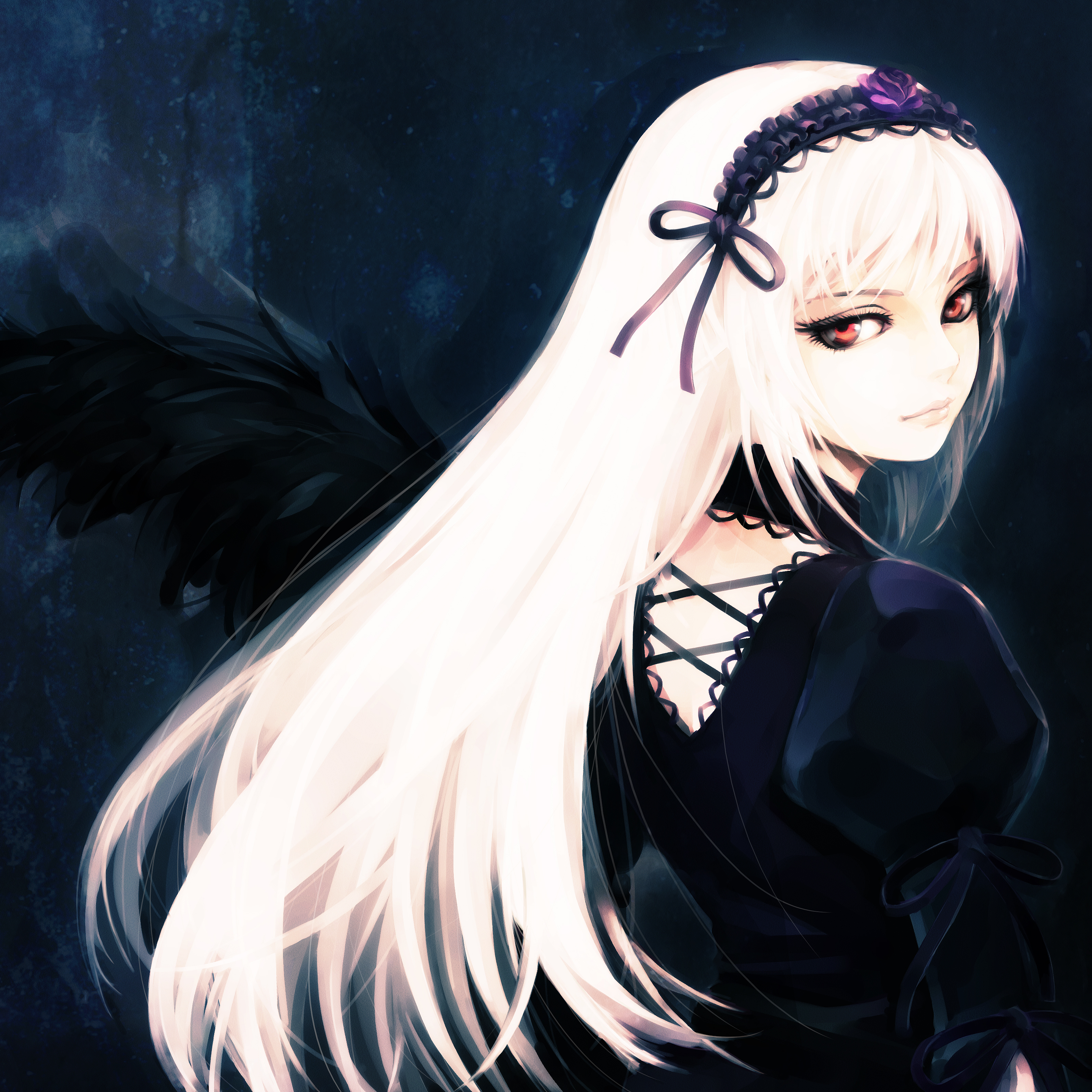 hironox, suigintou, rozen maiden, absurdres, highres, 00s, 1girl, dress, female focus, gothic lolita, hairband, lips, lolita fashion, long hair, looking back, red eyes, solo, white hair, wings