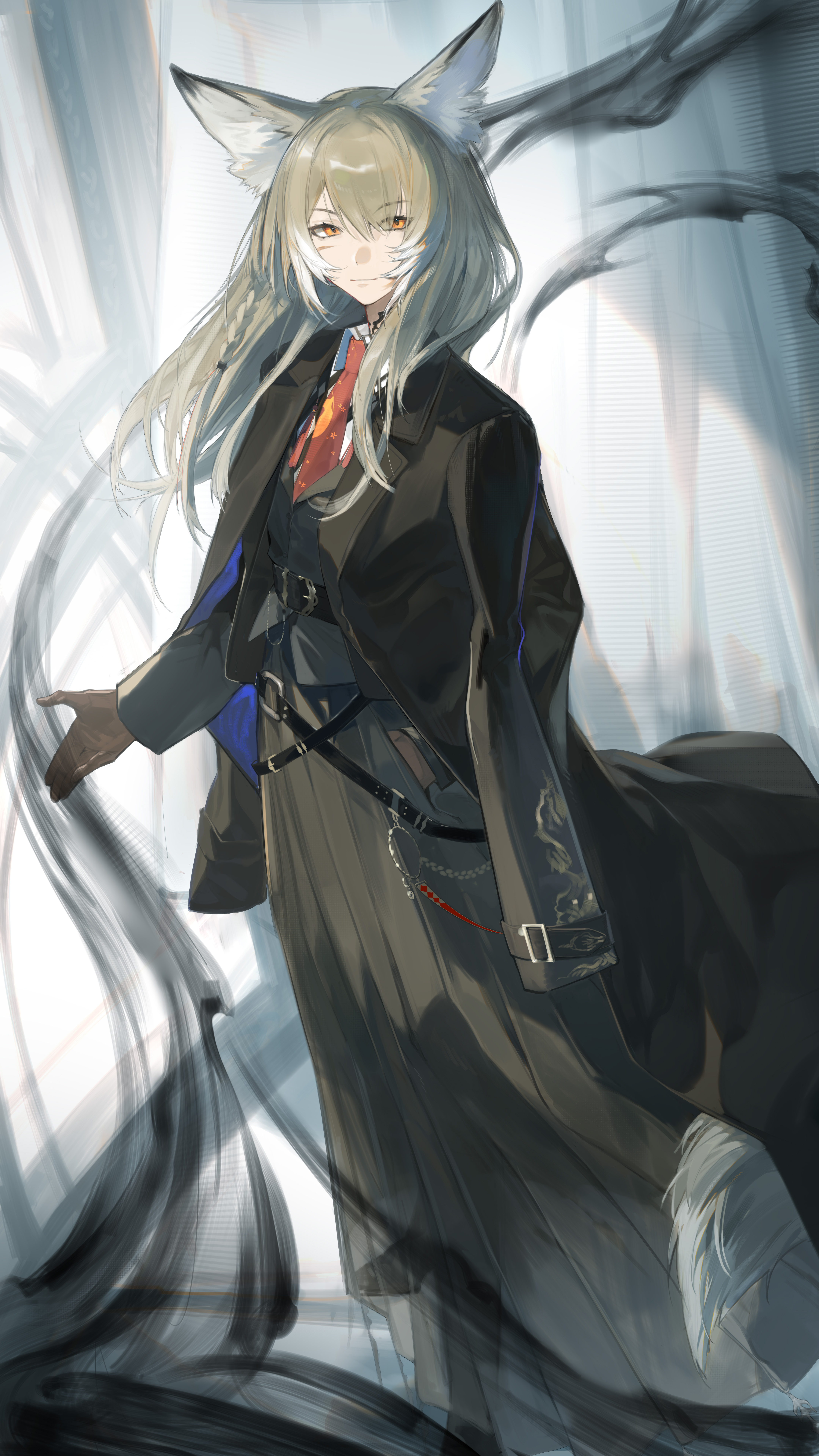 vulpisfoglia (arknights), arknights, absurdres, highres, 1girl, animal ears, black coat, black jacket, black skirt, blonde hair, brown gloves, closed mouth, coat, facial scar, fox ears, fox girl, fox tail, gloves, jacket, long hair, long sleeves, looking at viewer, necktie, orange eyes, red necktie, scar, scar on cheek, scar on face, skirt, solo, tail, yu ming tongxue