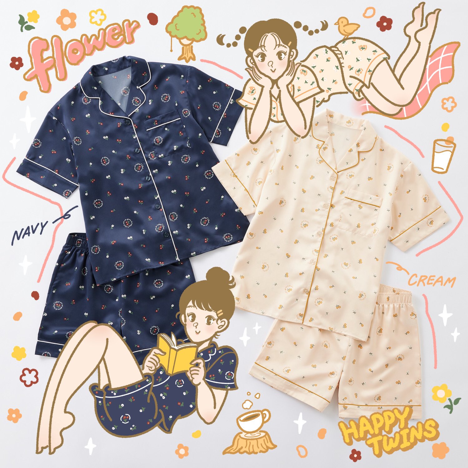 3kaku illust, original, commentary, highres, promotional art, 2girls, ad, barefoot, bird, blue pajamas, book, braid, brown hair, closed mouth, coffee mug, cup, english text, flower, full body, grey background, hair bun, hair ornament, hairclip, head on hands, holding, holding book, looking at viewer, lying, medium hair, milk, mug, multiple girls, on back, on side, open book, outline, pajamas, parted hair, short hair, short sleeves, shorts, siblings, simple background, tree, twin braids, twins