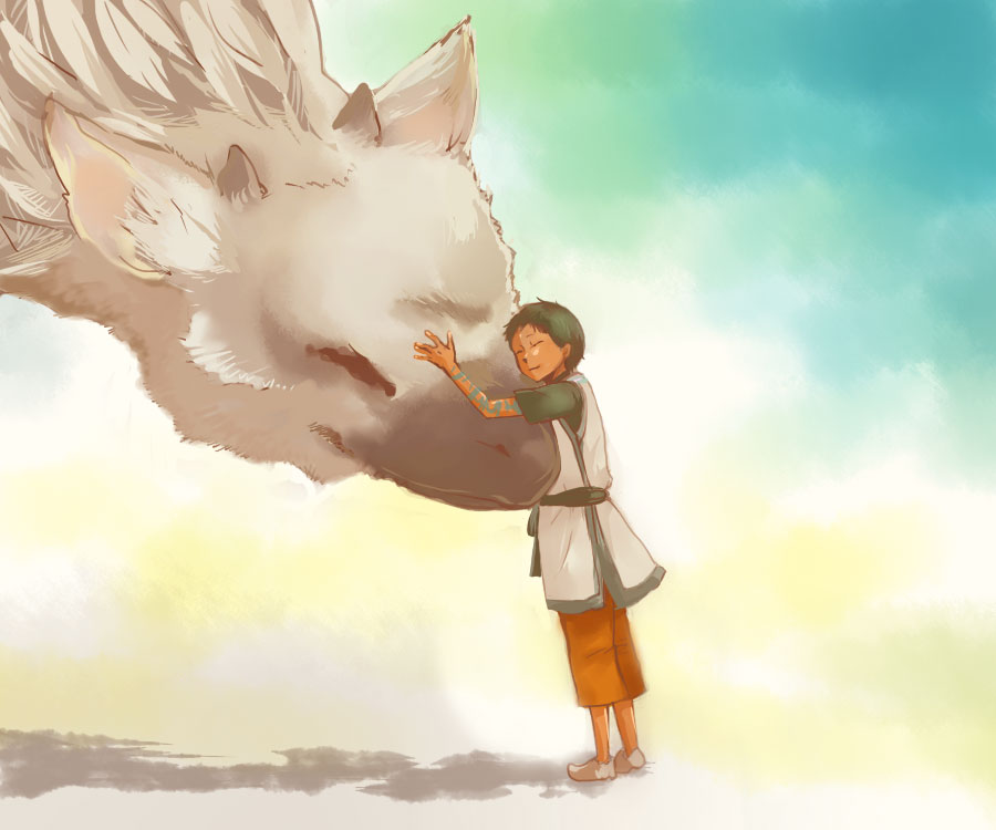nobicco, the boy (the last guardian), trico (character), the last guardian, trico, bad id, bad pixiv id, 1boy, child, chimera (creature), closed eyes, creature, feathers, griffin, horns, hug, male focus, monster, shoes, solo, tattoo