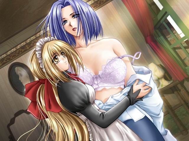 yami no koe, 2girls, blonde hair, blue eyes, blue hair, bra, dress, lingerie, lipstick, maid, makeup, multiple girls, underwear, yuri