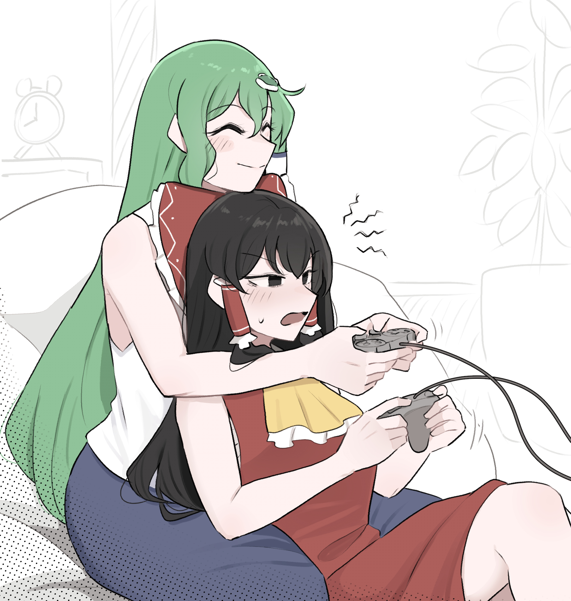mata (matasoup), hakurei reimu, kochiya sanae, touhou, commentary, highres, 2girls, annoyed, ascot, bare shoulders, black eyes, black hair, blue skirt, blush, bow, closed mouth, controller, frog hair ornament, game controller, green hair, hair ornament, hair tubes, holding, holding controller, holding game controller, indoors, long hair, multiple girls, parted lips, playing games, red bow, red shirt, red skirt, shirt, single hair tube, sitting, sitting between lap, skirt, sleeveless, sleeveless shirt, smile, white shirt, yellow ascot