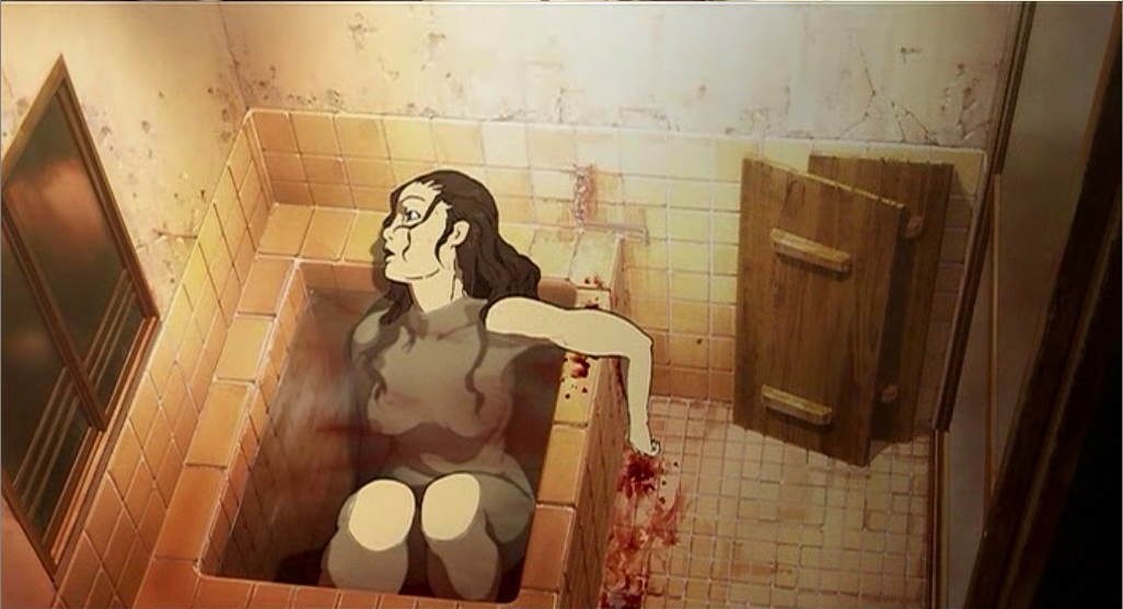 bath, blood, breasts, brown hair, nude, suicide, tiles, water, window