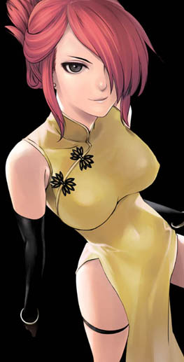 marilyn sue, akatsuki blitzkampf, alternate breast size, 1girl, black eyes, bracelet, breasts, china dress, chinese clothes, doujin game, dress, earrings, elbow gloves, female focus, gloves, hair up, impossible clothes, impossible dress, jewelry, medium breasts, no panties, red hair, short hair, side slit, simple background, smile, solo, standing, thigh strap, thighs, turtleneck, yellow dress