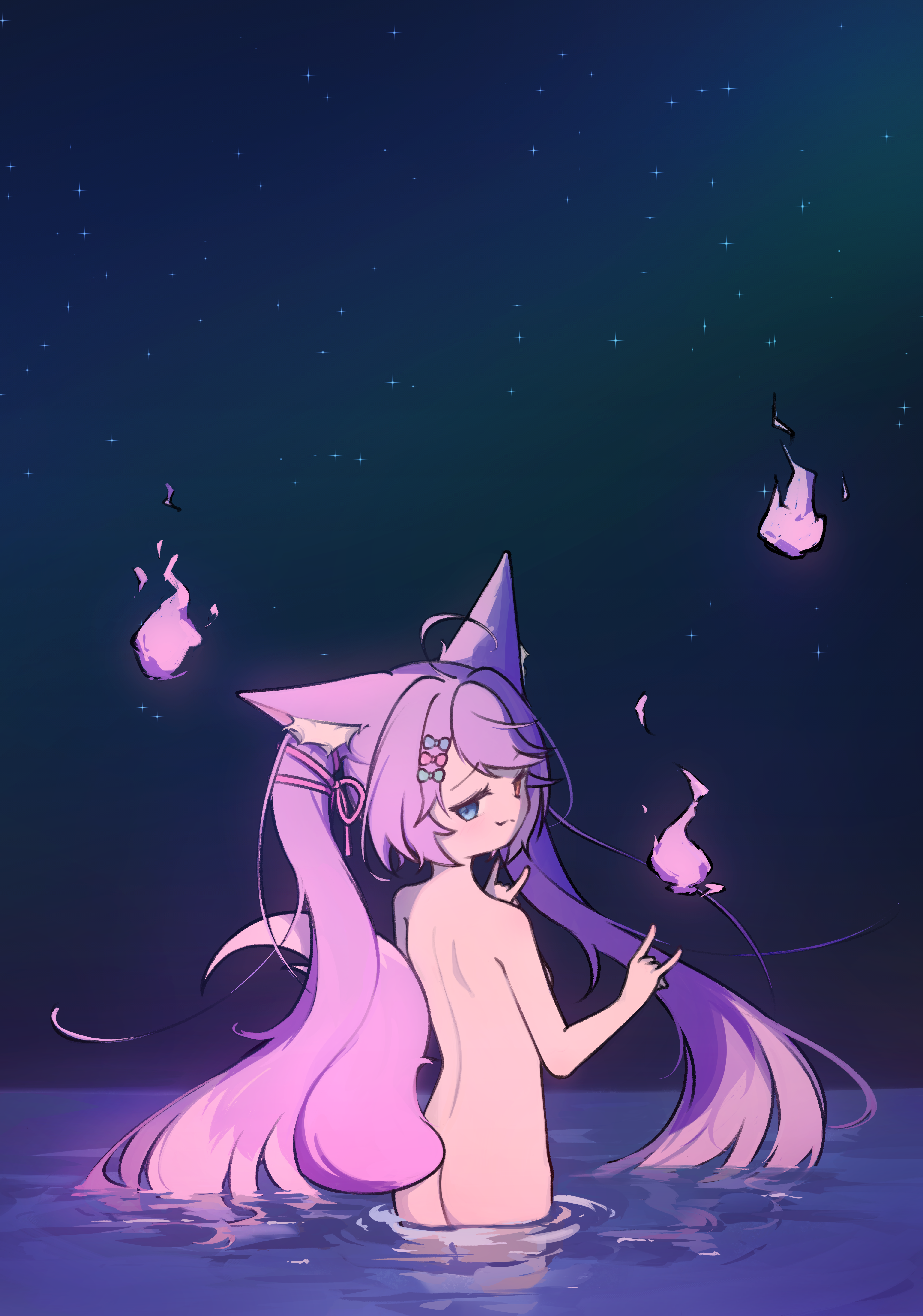 electromocha, tenko shibuki, stellive, absurdres, commentary request, highres, korean commentary, variant set, 1girl, n/, ahoge, animal ear fluff, animal ears, ass, blue eyes, bow, closed mouth, completely nude, fox ears, fox girl, fox tail, from behind, hair bow, hair ribbon, hands up, heterochromia, hitodama, horizon, long hair, looking back, median furrow, multicolored hair, night, night sky, nude, ocean, outdoors, raised inner eyebrows, ribbon, shoulder blades, sky, solo, star (sky), starry sky, streaked hair, tail, turning head, twintails, very long hair, virtual youtuber, wading, water