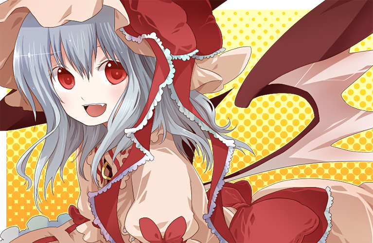 kintaro, remilia scarlet, touhou, 1girl, :d, bat wings, blue hair, fang, female focus, frills, from side, grin, hat, looking at viewer, open mouth, polka dot, polka dot background, red eyes, smile, solo, wings, yellow background