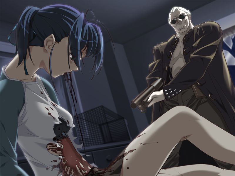 blood, blue hair, bra, cage, empty eyes, glass, gun, guro, lingerie, open mouth, skirt, torn clothes, underwear, weapon