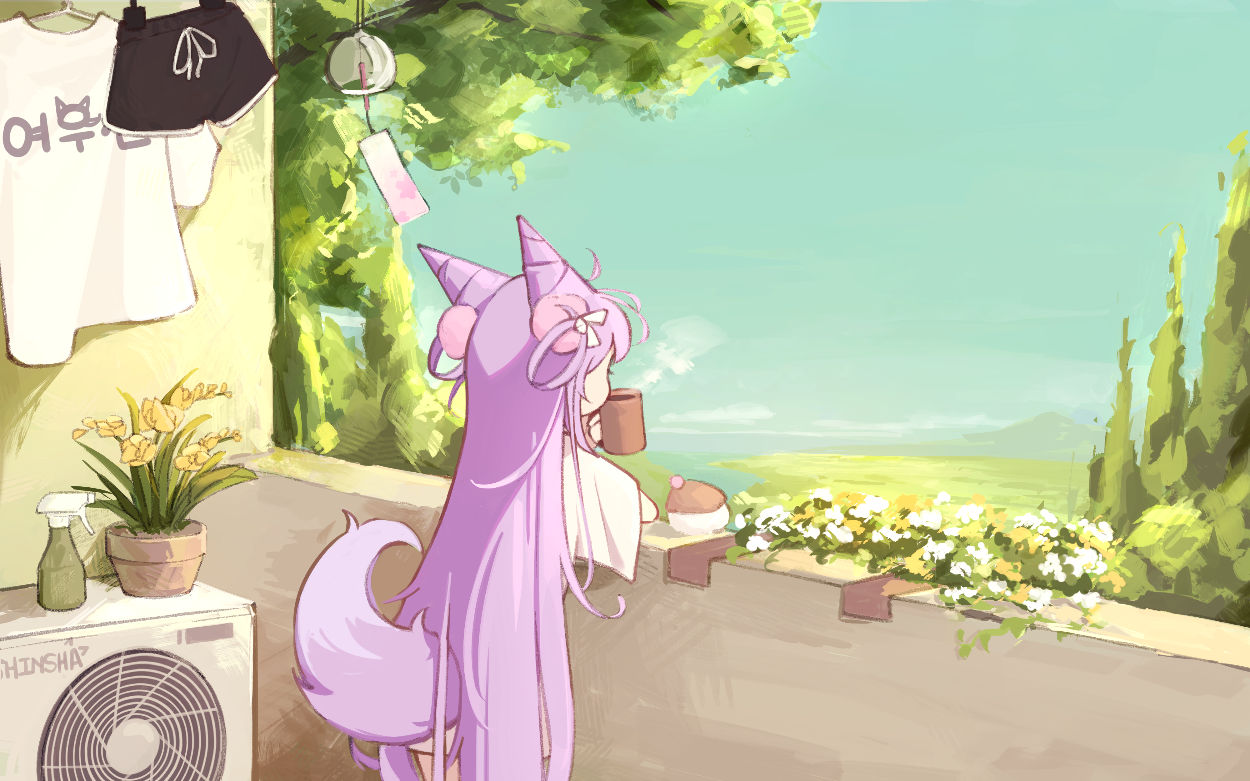 electromocha, tenko shibuki, stellive, absurdres, commentary request, highres, korean commentary, 1girl, black shorts, bottle, condenser unit, cone hair bun, cup, dolphin shorts, double bun, flower, flower pot, fox girl, hair bun, hair ornament, hair rings, holding, holding cup, inari (tenko shibuki), landscape, long hair, morning, mountain, mug, nature, outdoors, plant, pom pom (clothes), pom pom hair ornament, potted plant, purple hair, purple tail, river, scenery, shirt, shorts, sky, spray bottle, standing, steam, straight hair, unworn shirt, unworn shorts, very long hair, virtual youtuber, white shirt, wind chime