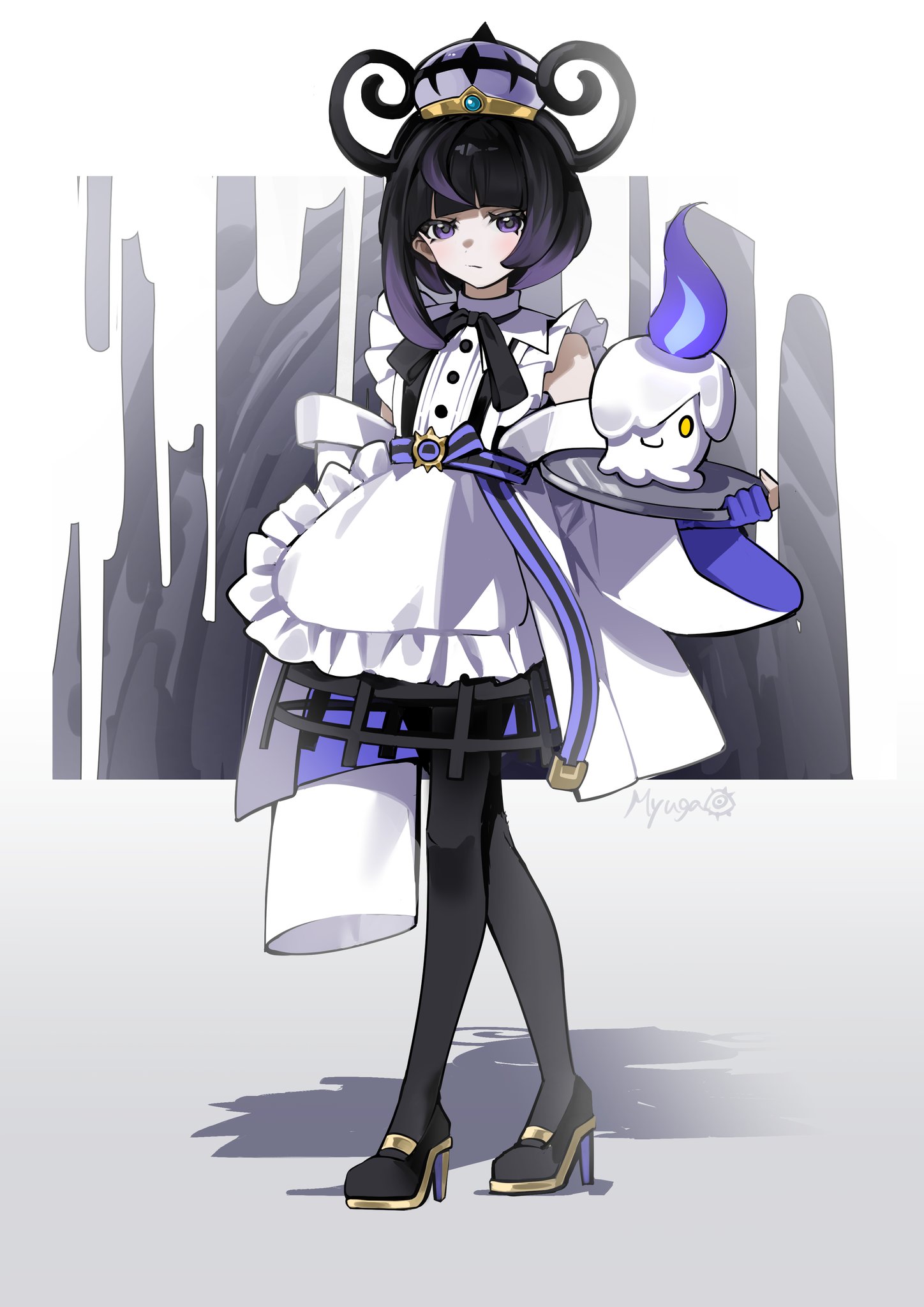 myuga66666, gwynn (pokemon), litwick, nintendo, pokemon, pokemon legends: z-a, highres, 1girl, alternate costume, apron, artist name, belt, belt buckle, black belt, black dress, black hair, black pantyhose, black shoes, blush, bob cut, buckle, closed mouth, coat, dress, full body, gen 5 pokemon, gloves, gradient hair, hat, high heels, holding, holding tray, long sleeves, looking at viewer, maid, maid apron, multicolored hair, o-ring, o-ring belt, off shoulder, open clothes, open coat, pantyhose, partially fingerless gloves, pokemon (creature), purple belt, purple eyes, purple gloves, purple hair, shoes, short hair, standing, tray, two-tone belt, white coat, wide sleeves