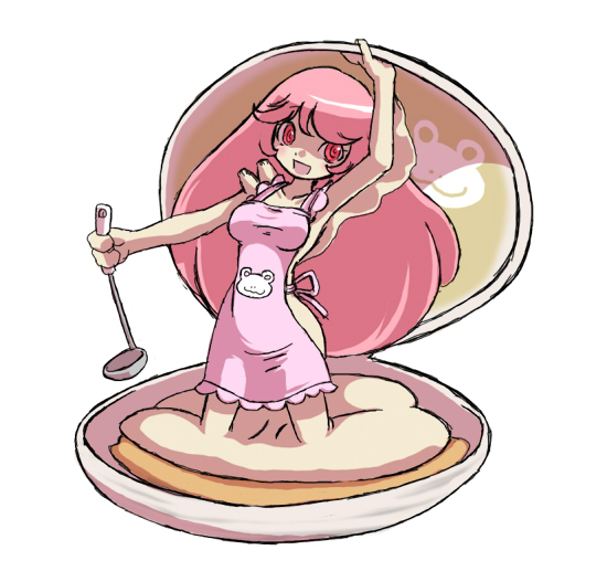 artist request, character request, source request, apron, ladle, long hair, monster girl, naked apron, open mouth, pink eyes, pink hair, simple background, smile, very long hair
