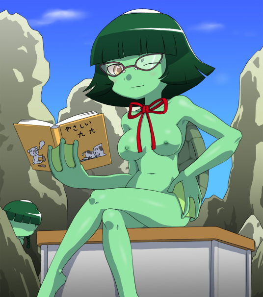 nollety, original, 2girls, book, breasts, colored skin, crossed legs, day, desk, glasses, green hair, green skin, hand on own hip, hip focus, kappa, looking at viewer, monster girl, multiple girls, navel, neck ribbon, nipples, nude, one eye closed, open book, outdoors, peeking out, ribbon, rock, shell, short hair, sitting, teacher, turtle shell, webbed hands, wink, yellow eyes, zenra